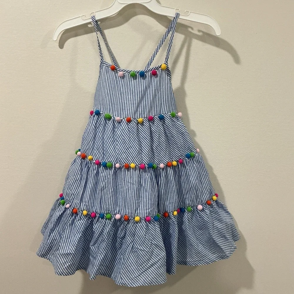 Tommy Bahama Girls Size 3T Dress Blue White Stripe Pom Pom Tiered Beach Vacation